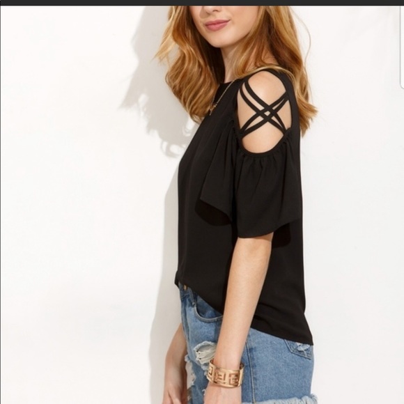 Black Cold Shoulder Shirt - Picture 2 of 5